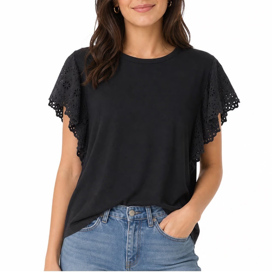 Mustard Seed Black Eyelet Lace Flutter Sleeve Knit Top S16298 Mens Size M