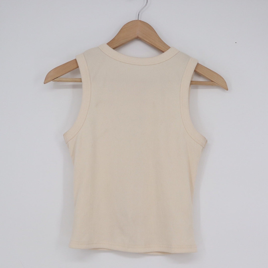 Cream Ribbed Button Front Tank Top Sleeveless Crew Neck Knit Vest Small