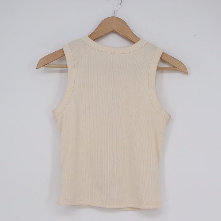 Cream Ribbed Button Front Tank Top Sleeveless Crew Neck Knit Vest Small
