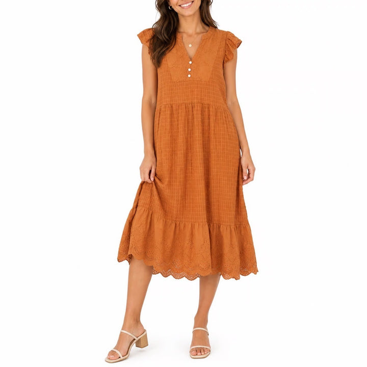 Emery Rose Rust Orange Eyelet Smocked Midi Dress Womens Medium