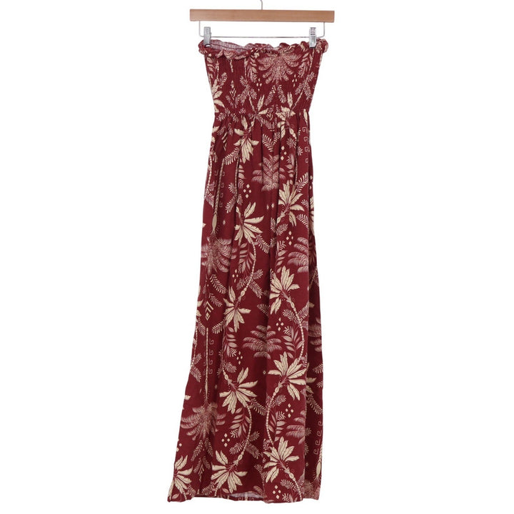 Monteau Los Angeles Strapless Maxi Dress XS Burgundy Tropical Palm Linen Blend