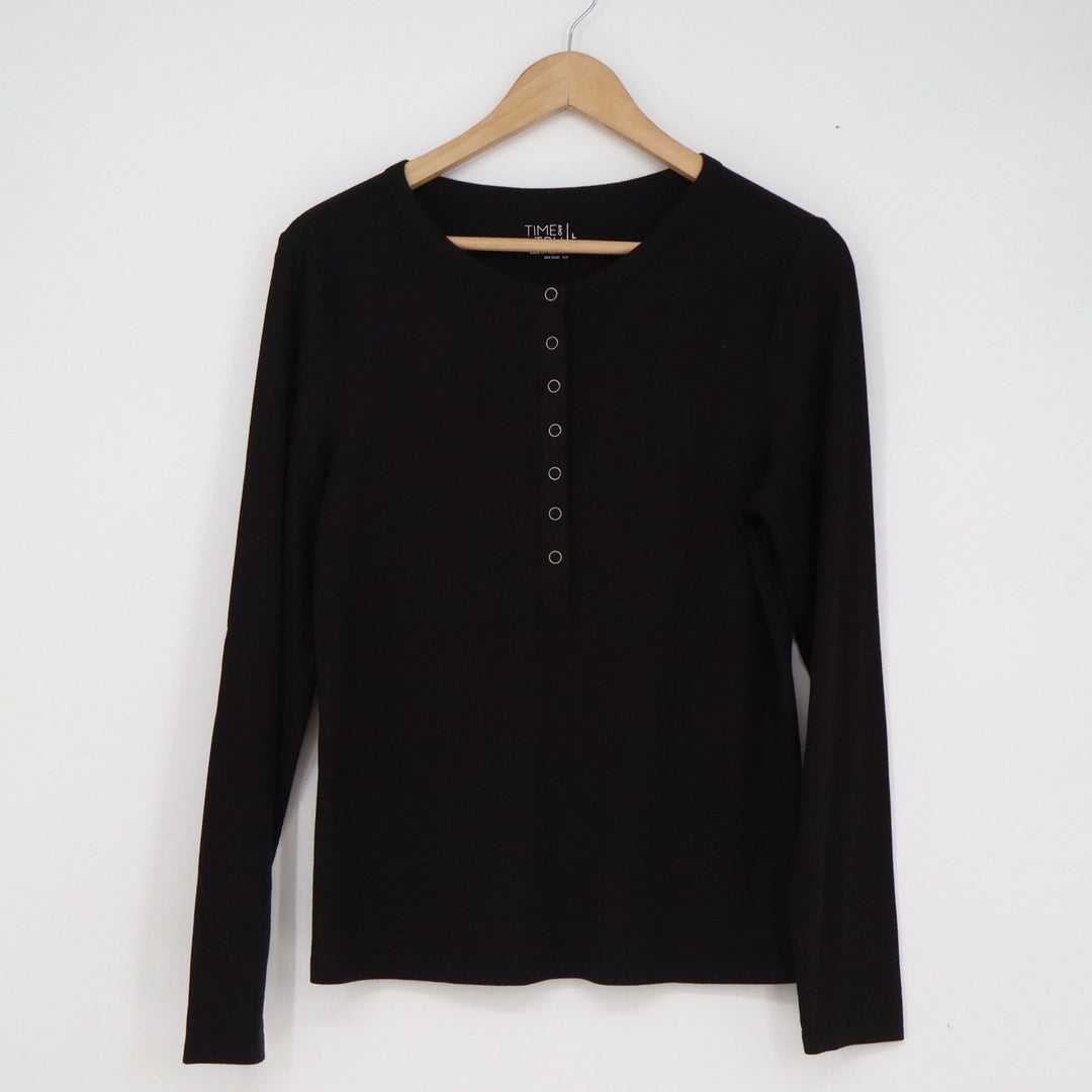 Time and Tru Womens Henley Top Black Long Sleeve Ribbed Knit Shirt Size L 12-14