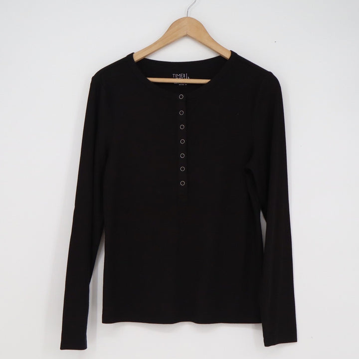 Time and Tru Womens Henley Top Black Long Sleeve Ribbed Knit Shirt Size L 12-14