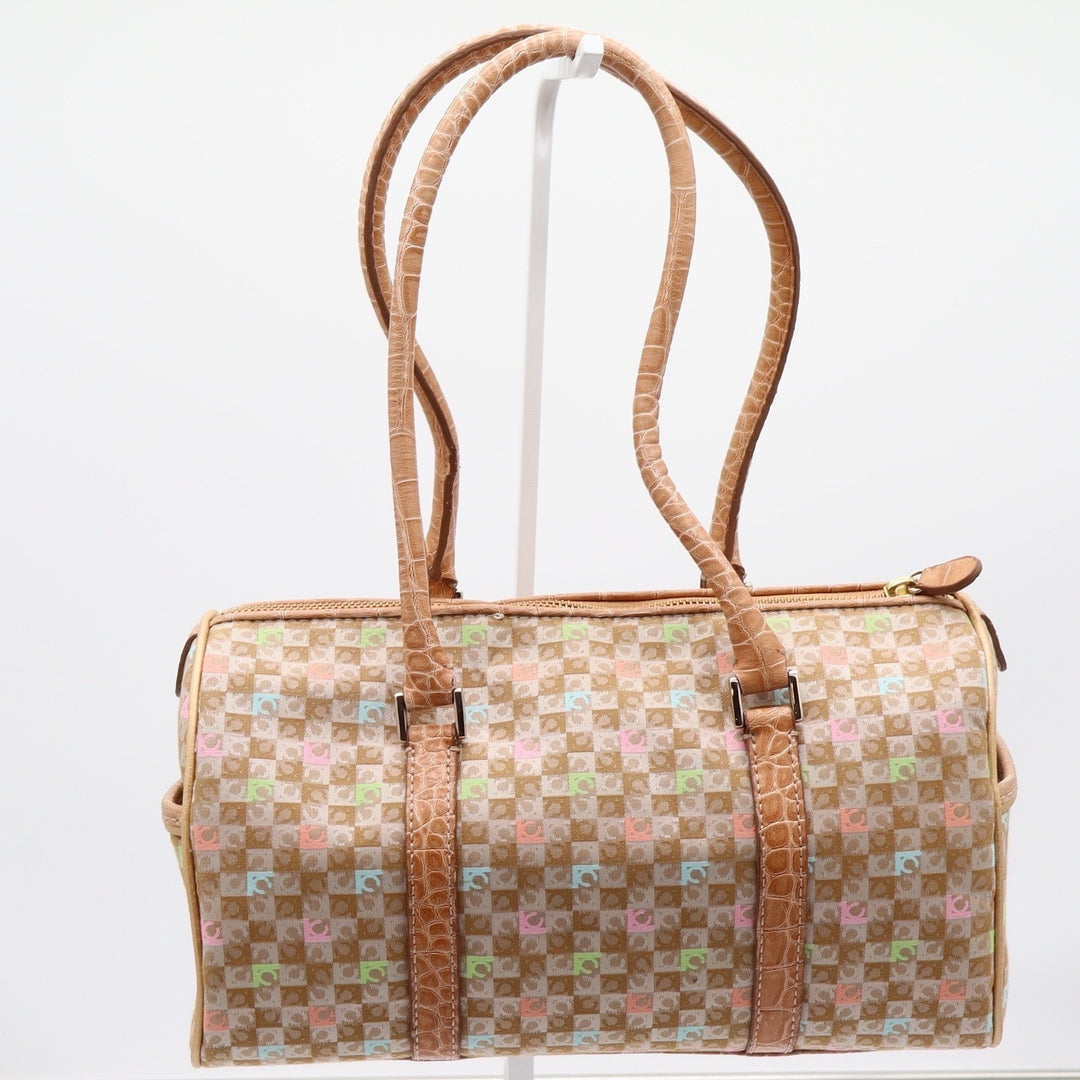 Liz Claiborne Satchel Women Large Monogram Checkerboard Tan Faux Croc Excellent