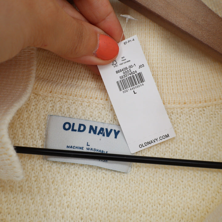 Old Navy Quarter Button Mock Neck Striped Waffle Knit Sweater Cream L NEW