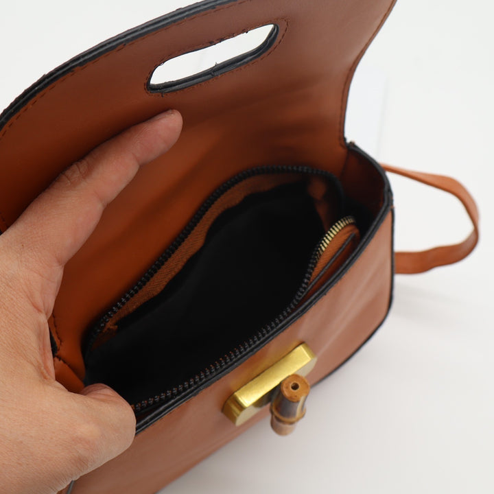Womens Handbag Brown Bamboo Shaped Detachable Adjustable Strap Crossbody Bag