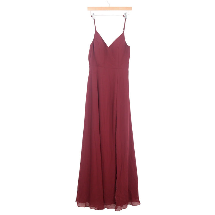 Azazie Burgundy V-Neck Chiffon Maxi Bridesmaid Dress Lace Back Slit Size 10