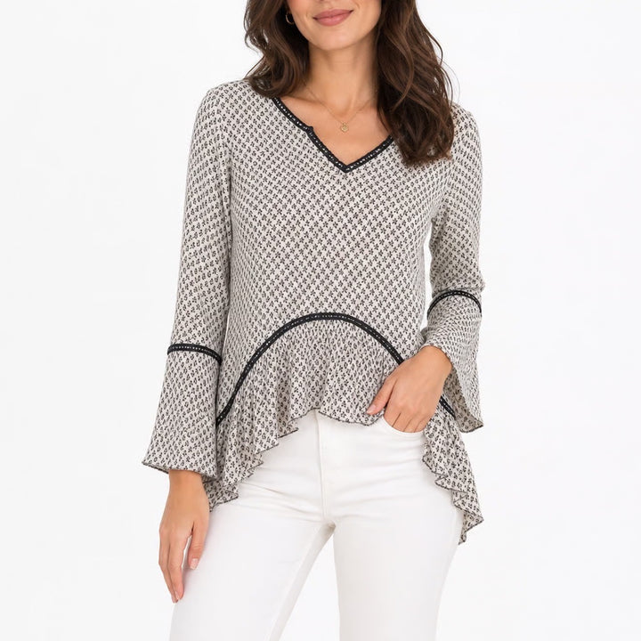 Living Doll Womens XS Cream Black Geometric Bell Sleeve Boho Peplum Blouse Top