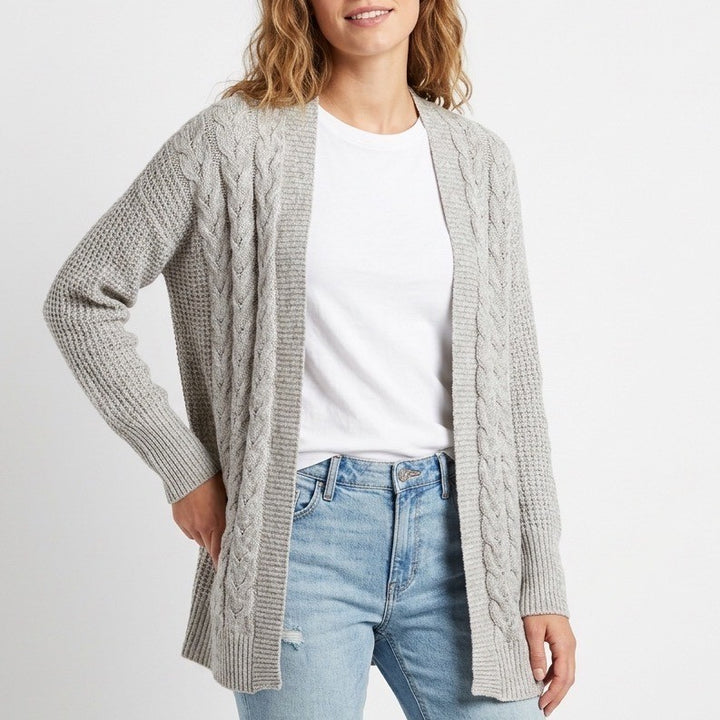 Old Navy Cardigan Sweater Women Medium Gray Cotton Cable Knit Ribbed Long Sleeve