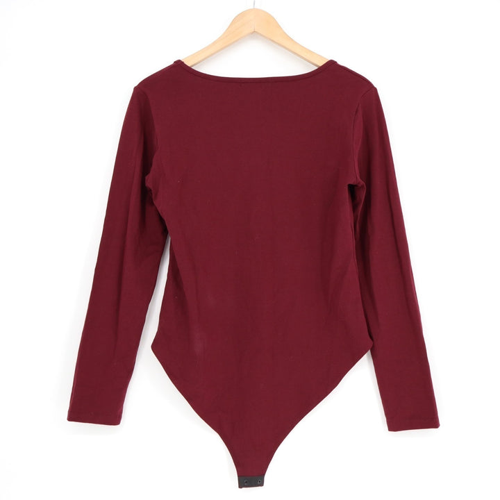 Mangopop Bodysuit One Piece Womens XL Maroon Knitted Long Sleeve Square Neck