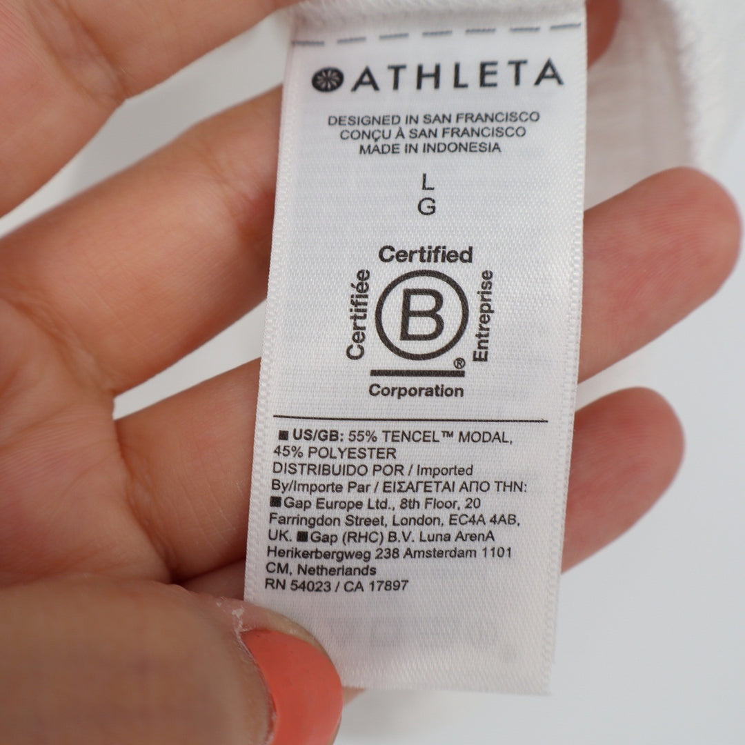 Athleta Womens White Tencel Modal Blend Elbow Sleeve Boxy Crew Neck Top Large