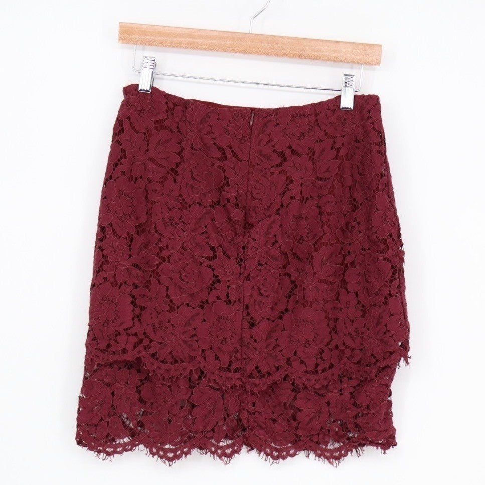 Lulus A-Line Skirt Womens Large Burgundy Stretch Floral Lace Cocktail Back Zip