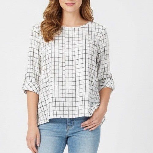 J. Jill White Black Grid Print 3/4 Sleeve Blouse Shirt Top Women's XL
