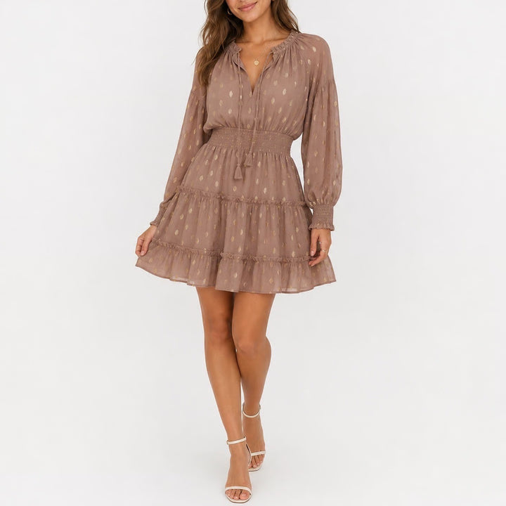 Blu Pepper Mauve Pink Gold Metallic Clip Dot Smocked Tiered Mini Dress Large