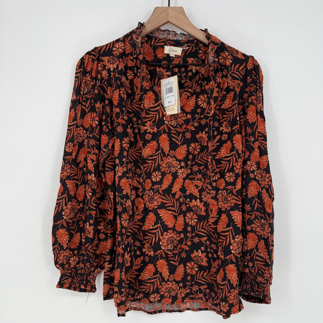Elan Bloomingdales Blouse XS Black Autumn Floral Print Long Sleeve Ruffle Neck