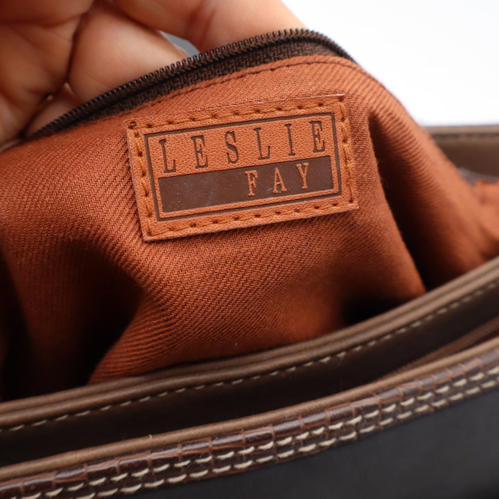 Leslie Fay Shoulder Bag Womens Medium Tote Brown Black Faux Lizard Trim