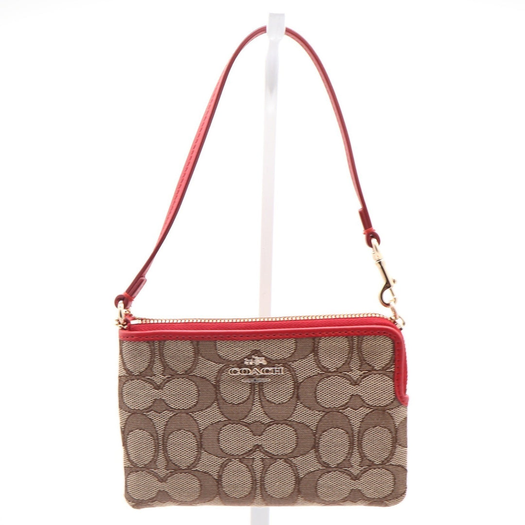 Coach Small Wristlet Signature Canvas Khaki Red Leather F58035 Gold Hardware