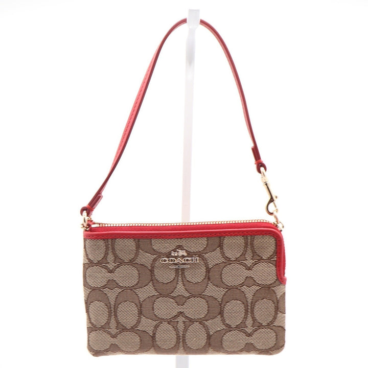 Coach Small Wristlet Signature Canvas Khaki Red Leather F58035 Gold Hardware