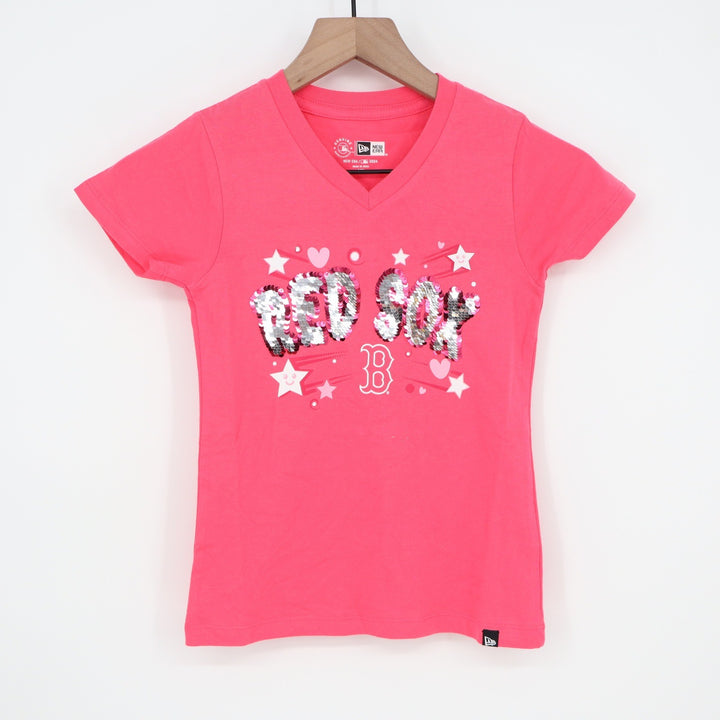 New Era Girls Boston Red Sox Pink Sequin V-Neck T-Shirt Size 6/6X MLB