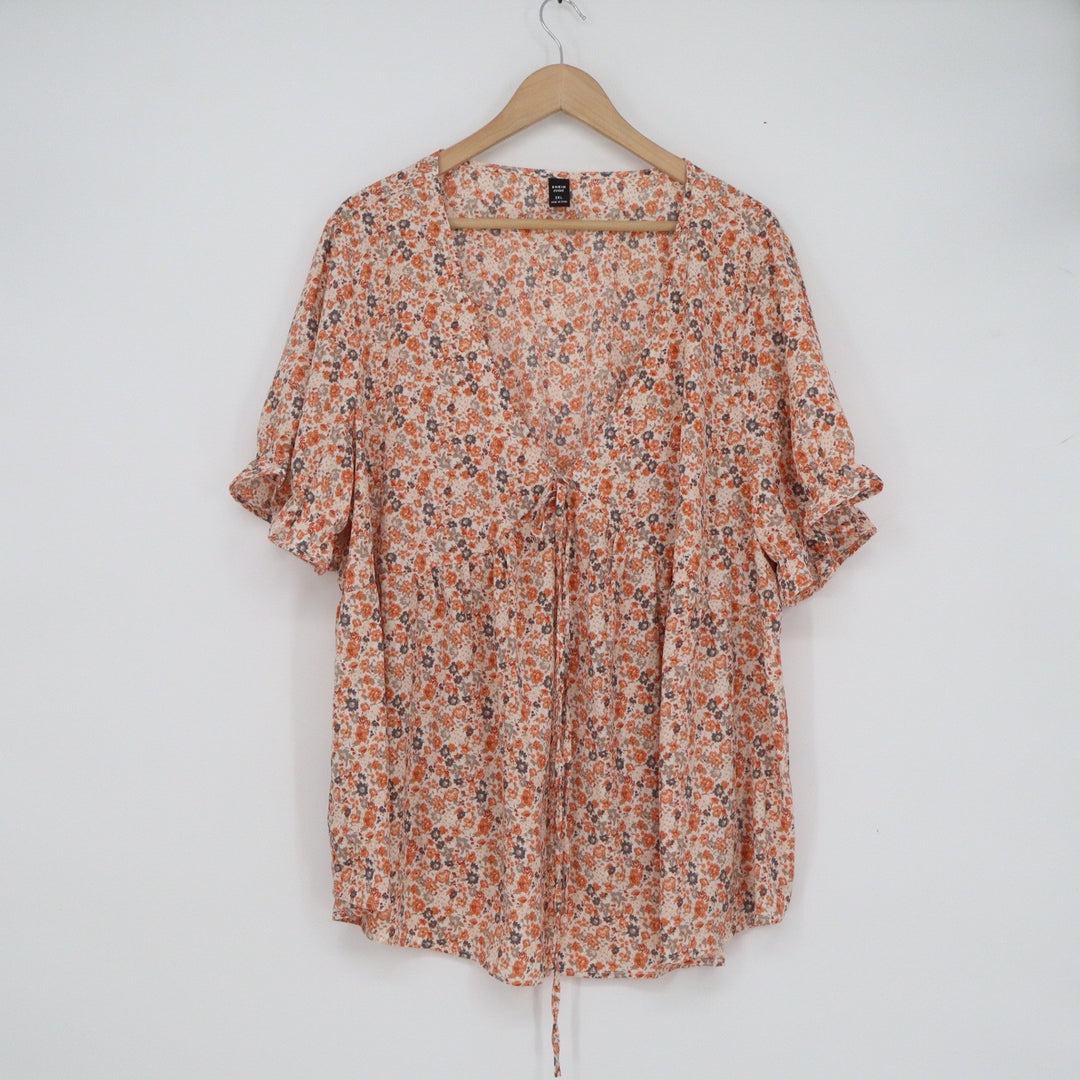 Shein Curve Womens 2XL Orange Floral Tie Front Peplum Blouse Flutter Sleeve Top