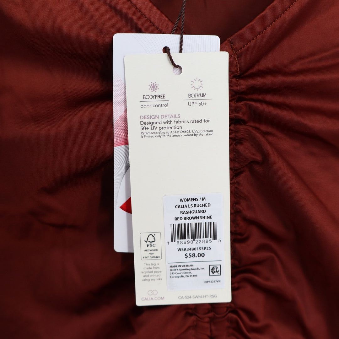 Calia Womens LS Ruched Rashguard Red Brown Shine UPF 50+ Crop Swim Top M NEW