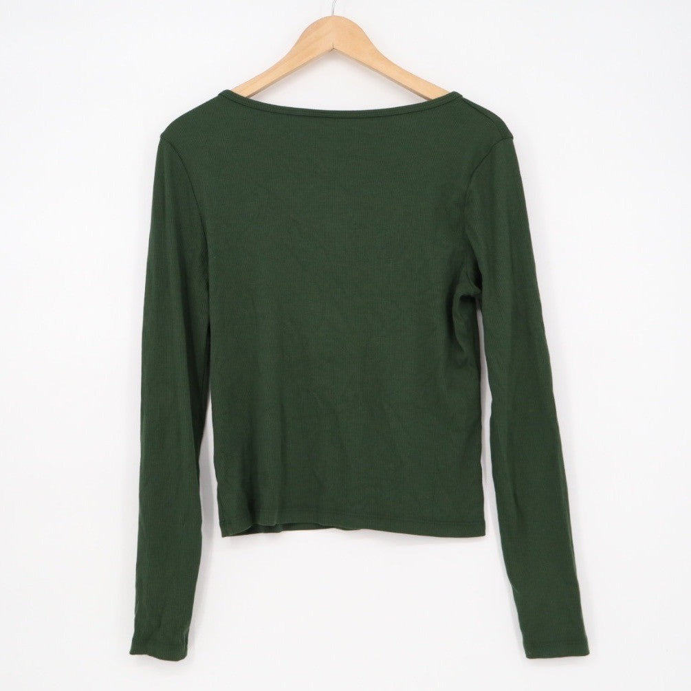 American Giant Ribbed Long Sleeve Button Up Scoop Neck Top Green Size M