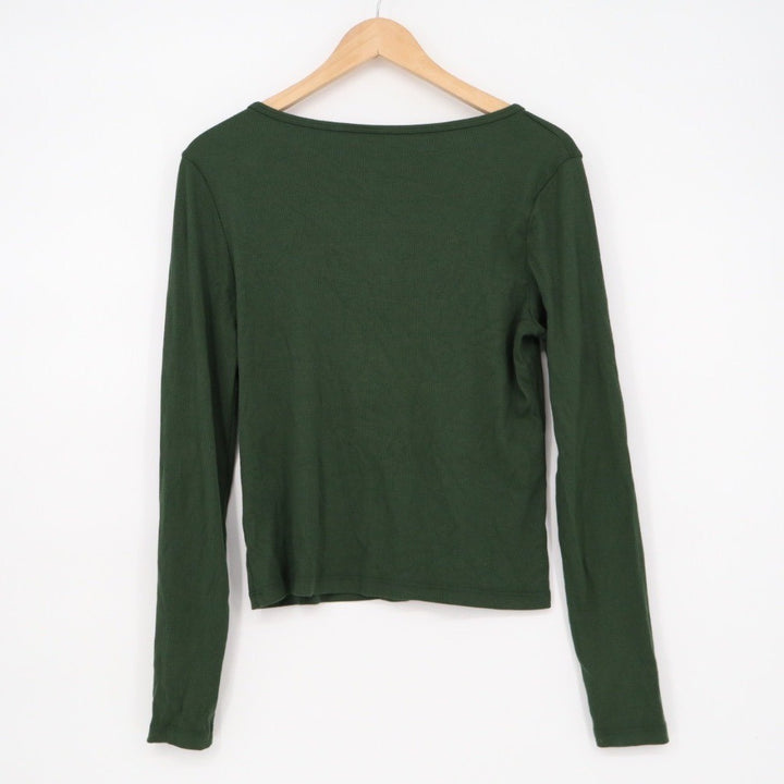American Giant Ribbed Long Sleeve Button Up Scoop Neck Top Green Size M