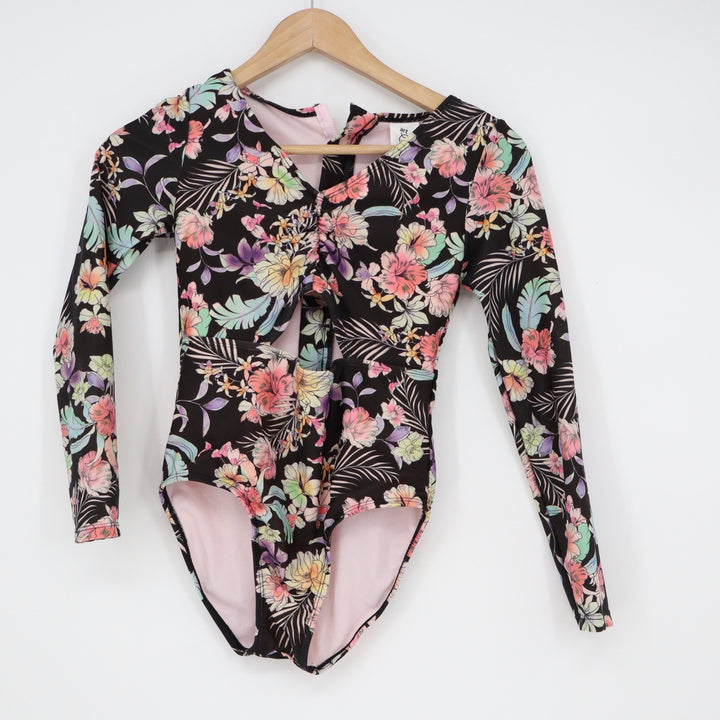 Art Class Girls L 10/12 Floral Long Sleeve Rash Guard One Piece Swimsuit Cutout