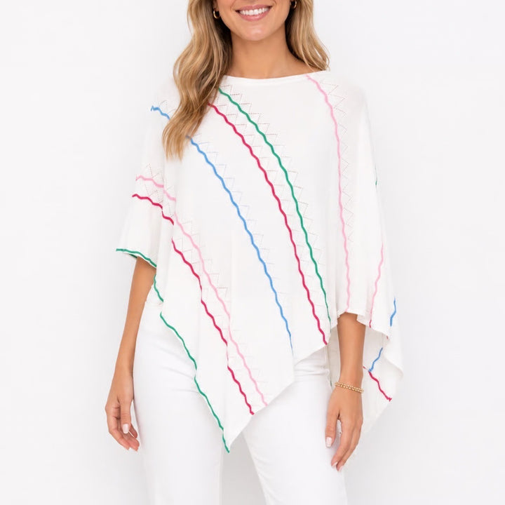 Kerisma Womens Asymmetrical White Pointelle Knit Poncho Multi Color Wavy Stripe
