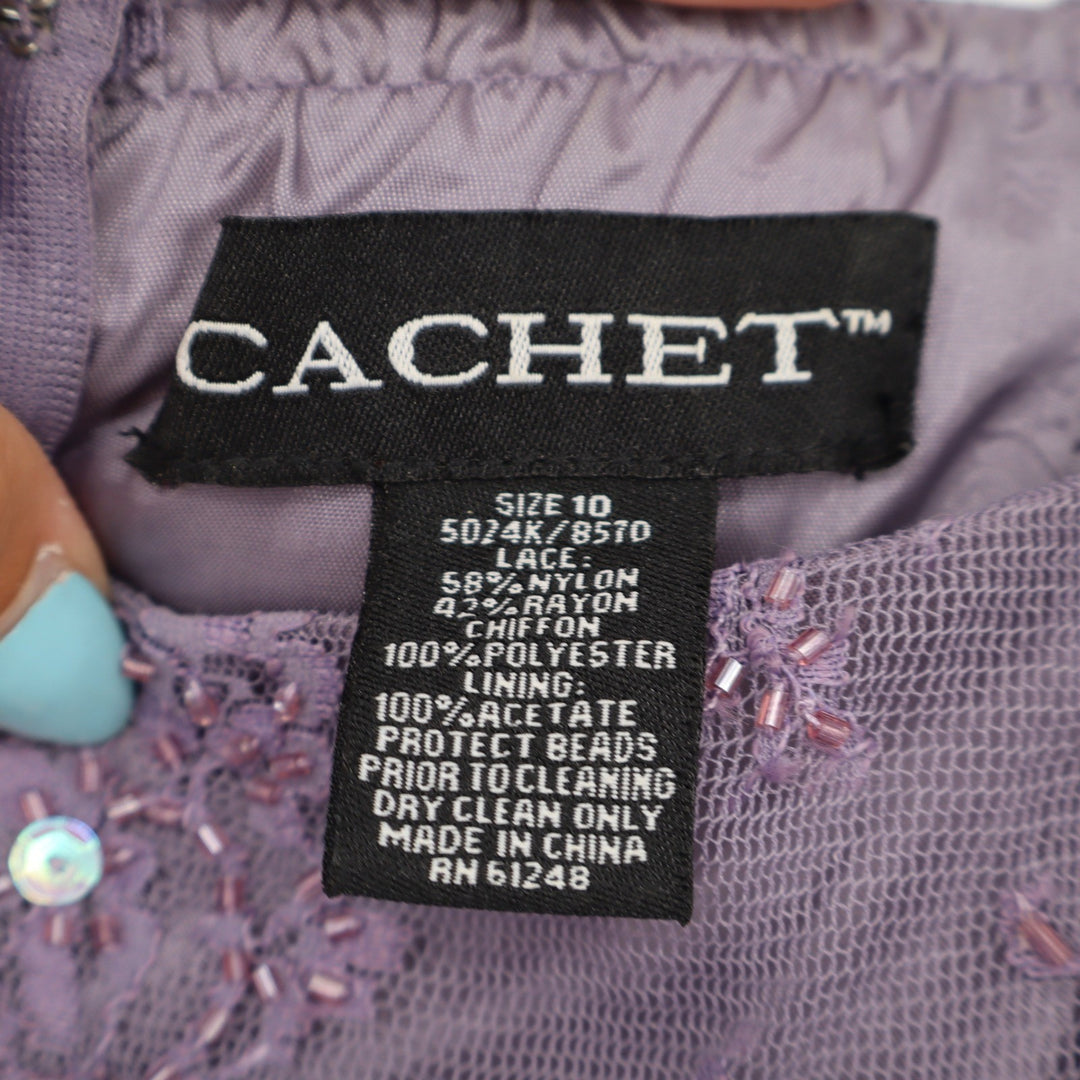 Cachet Dress Women's 10 Purple Beaded Lace Chiffon Maxi Gown Excellent