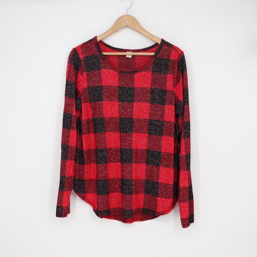 Old Navy Womens Red Black Buffalo Plaid Long Sleeve Scoop Neck Top Large
