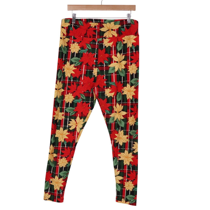 LuLaRoe Leggings Red Yellow Poinsettia Plaid Christmas Holiday Floral Soft