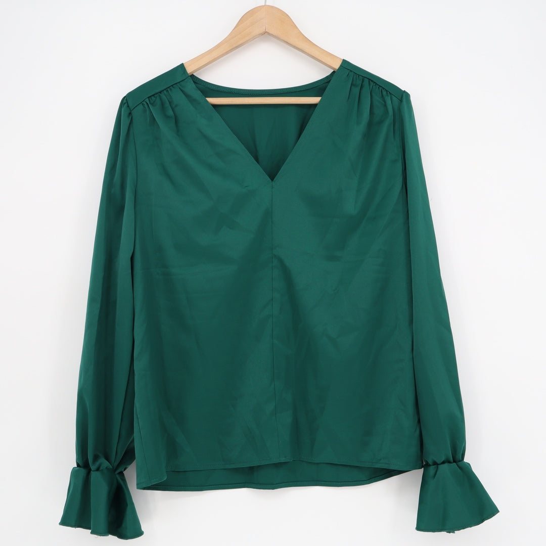 SHEIN Emerald Green V-Neck Flounce Cuff Blouse Long Sleeve Top Womens Size L
