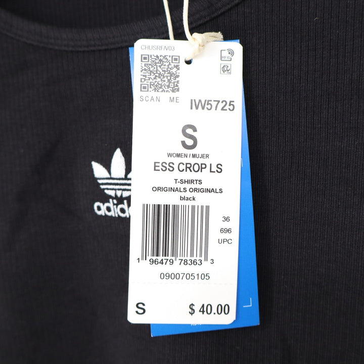 Adidas Originals Womens ESS Crop LS Black Ribbed Long Sleeve Top Size S