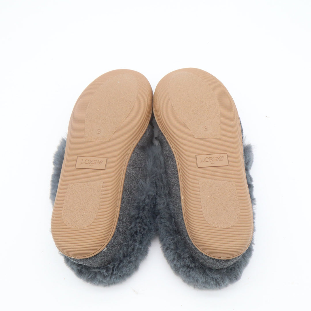 J.Crew Womens Moccasin Slippers Gray Wool Faux Fur Trim Bow Size 8 House Shoes
