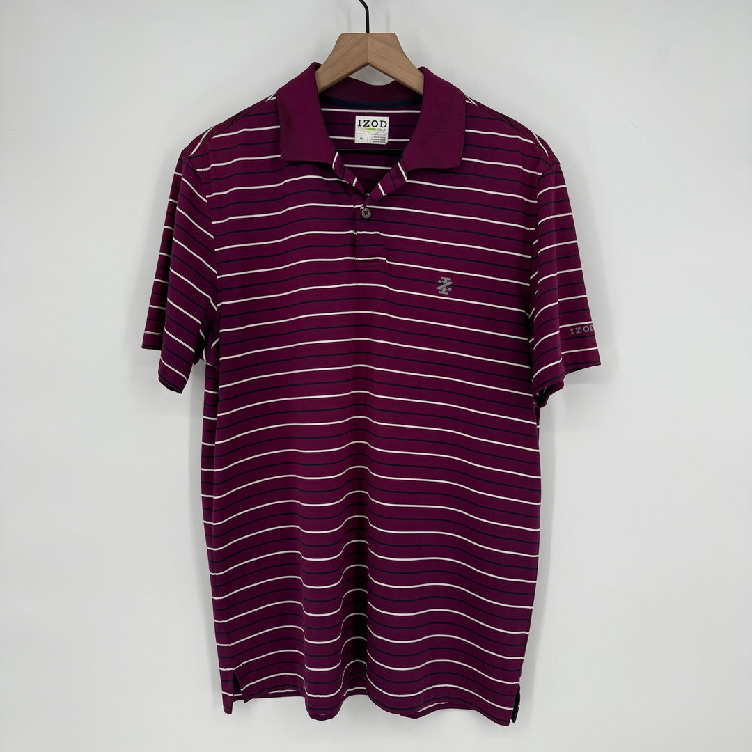 IZOD Golf Mens Medium Burgundy White Stripe Short Sleeve Polo Shirt M