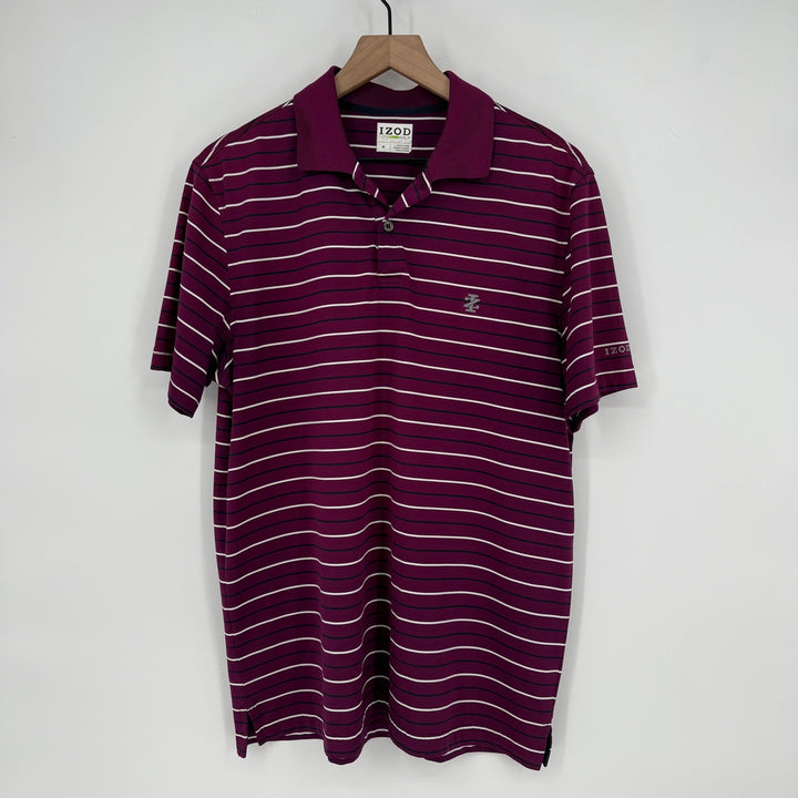 IZOD Golf Mens Medium Burgundy White Stripe Short Sleeve Polo Shirt M