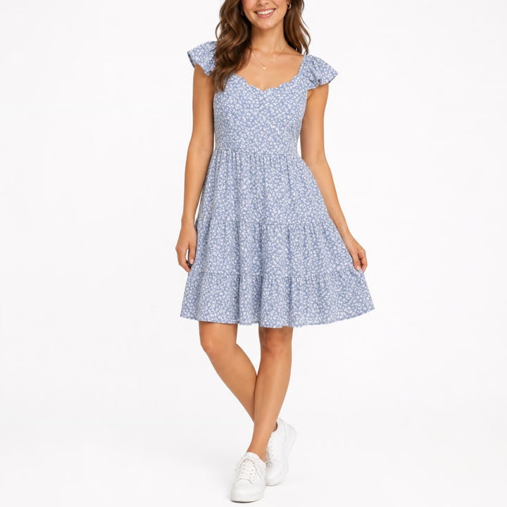 Monteau Los Angeles Blue Floral Tiered Mini Dress Scalloped Ruffle Strap Small