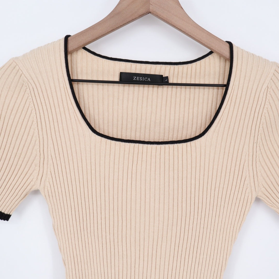 Zesica Ribbed Top Womens Large Beige Knit Square Neck Contrast Trim Short Sleeve