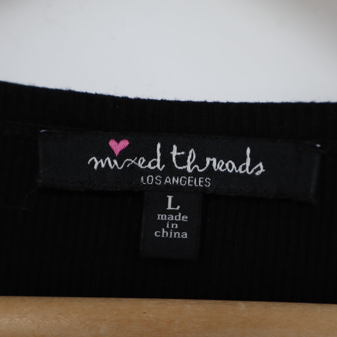 Mixed Threads Crop Top Womens L Black Stretch Waffle Knit Snap Button Round Neck