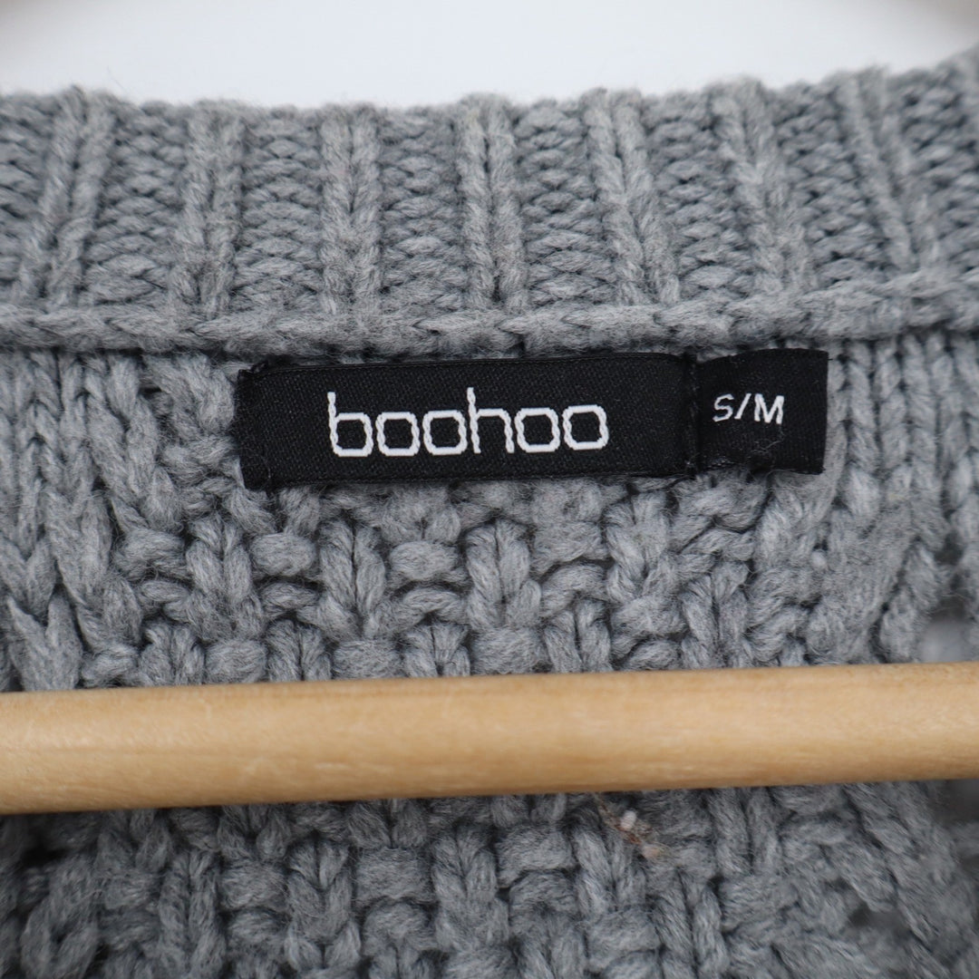 Boohoo Gray Distressed Cable Knit Sweater Womens Size SM Crew Neck Grunge Edgy