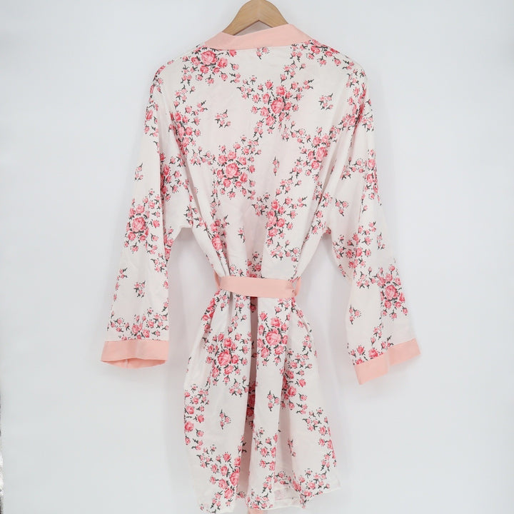 Morgan Lane x FabFitFun Floral Kimono Robe Pink White Rose Print L/XL Pockets