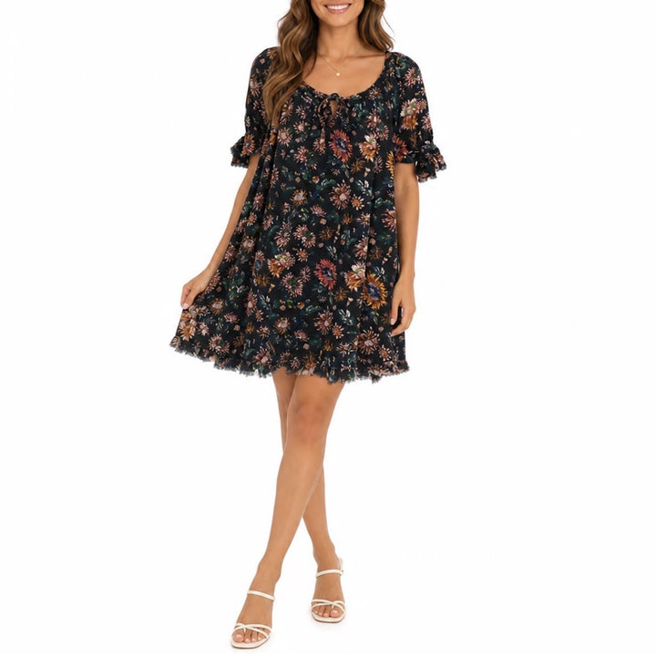 Natural Life Mini Dress Womens XS/S Black Floral Cotton Pleated Frayed Trim
