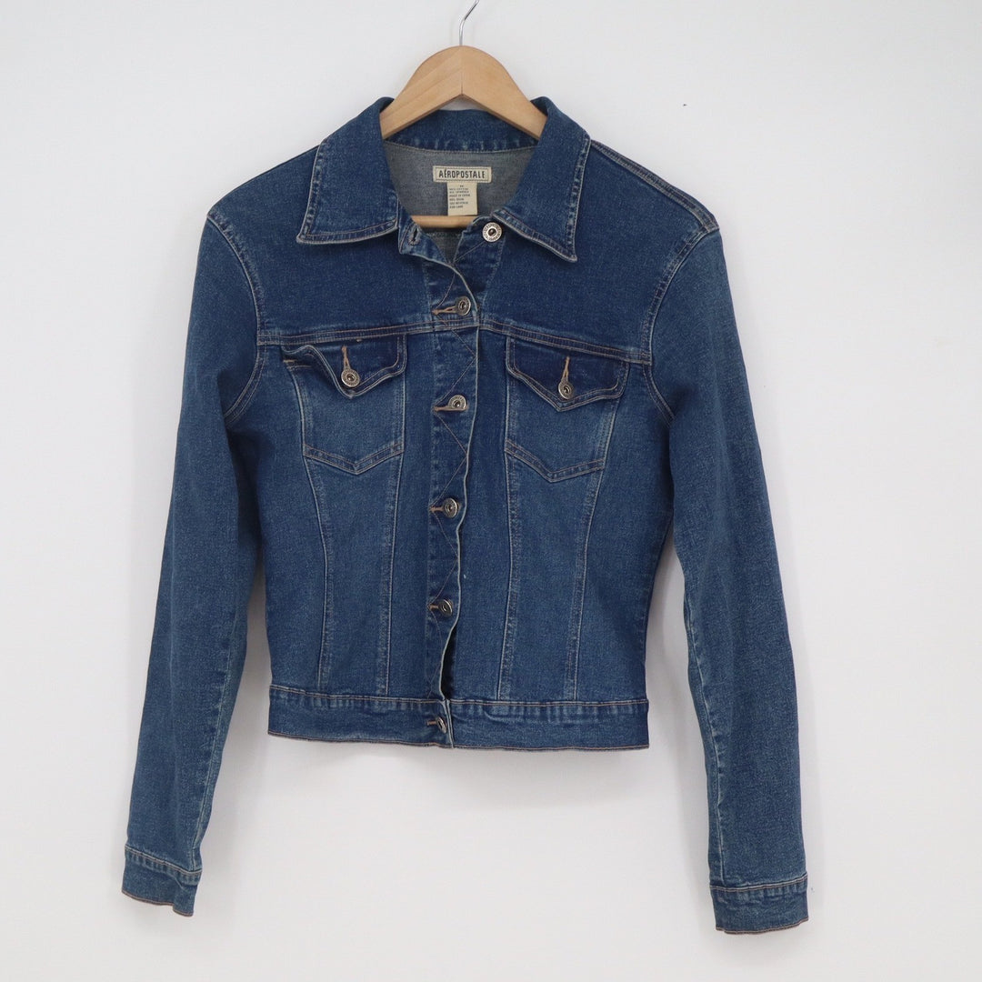 Aeropostale Womens Medium Dark Wash Denim Trucker Jacket Stretch Blue Jean Coat