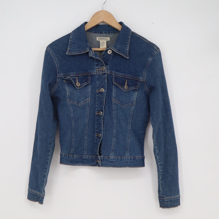 Aeropostale Womens Medium Dark Wash Denim Trucker Jacket Stretch Blue Jean Coat