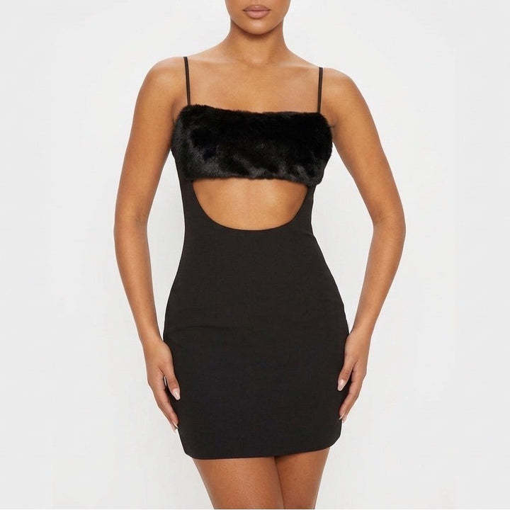 Naked Wardrobe Black Faux Fur Trim Cutout Mini Dress Small