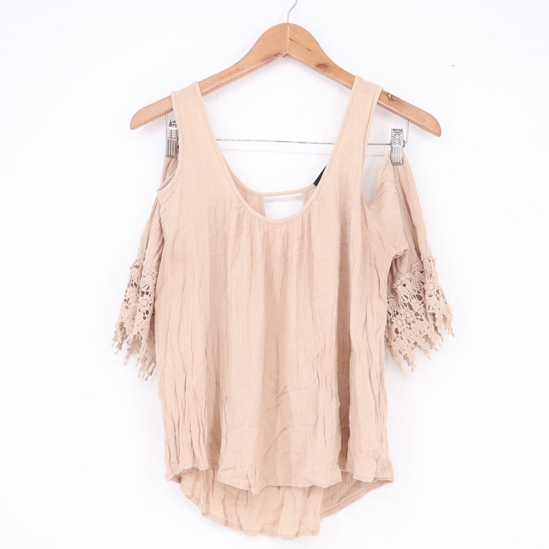 Ambiance Tan Cold Shoulder Crochet Lace Trim Boho Gauze Top Small