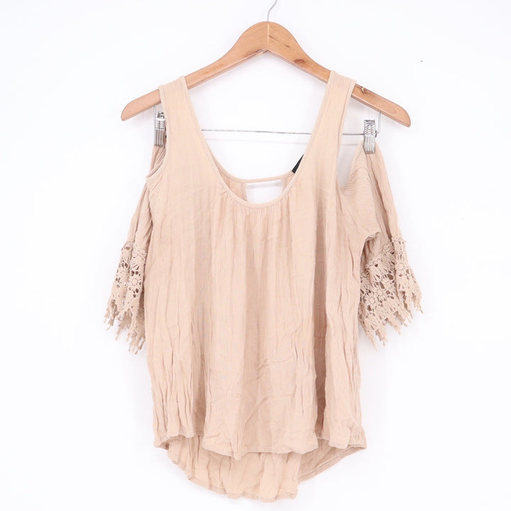 Ambiance Tan Cold Shoulder Crochet Lace Trim Boho Gauze Top Small