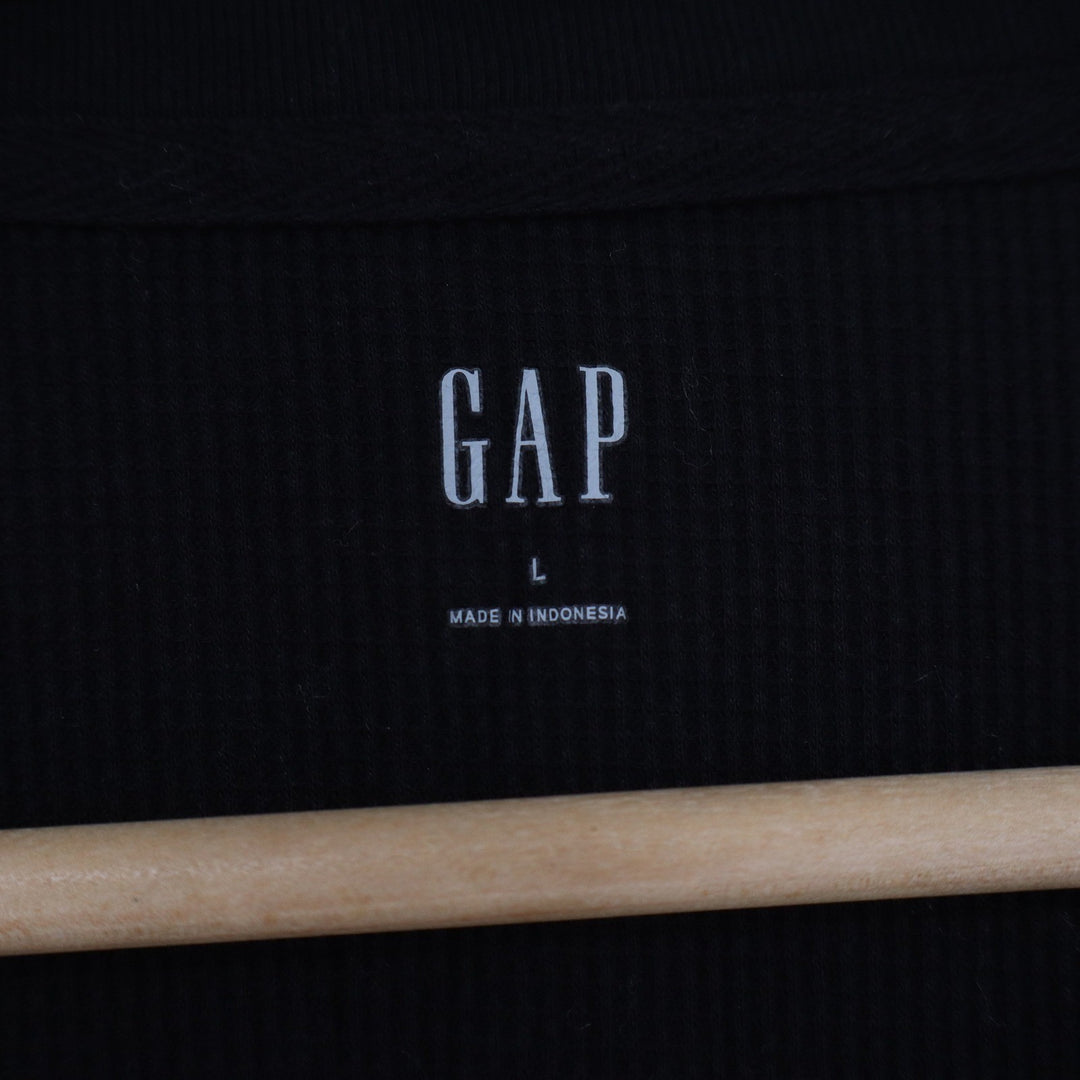 Gap Large Black Long Sleeve Waffle Knit Thermal Crew Neck Shirt Curved Hem