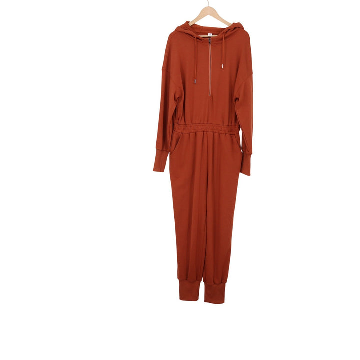 ANRABESS Jumpsuit Womens L Hooded Half Zip Rust Orange Jogger Pockets Excellent
